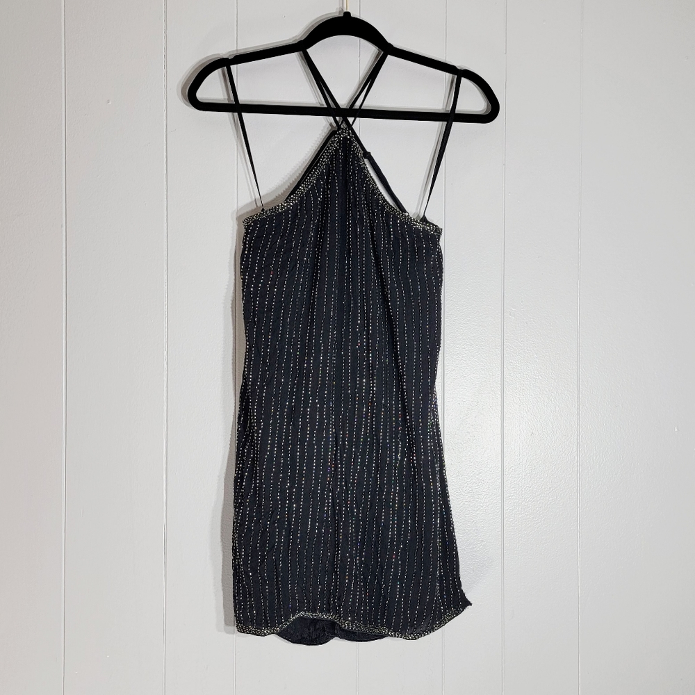 $25 NWT Honey Punch Beaded Black Strappy Halter Mini Dress Small